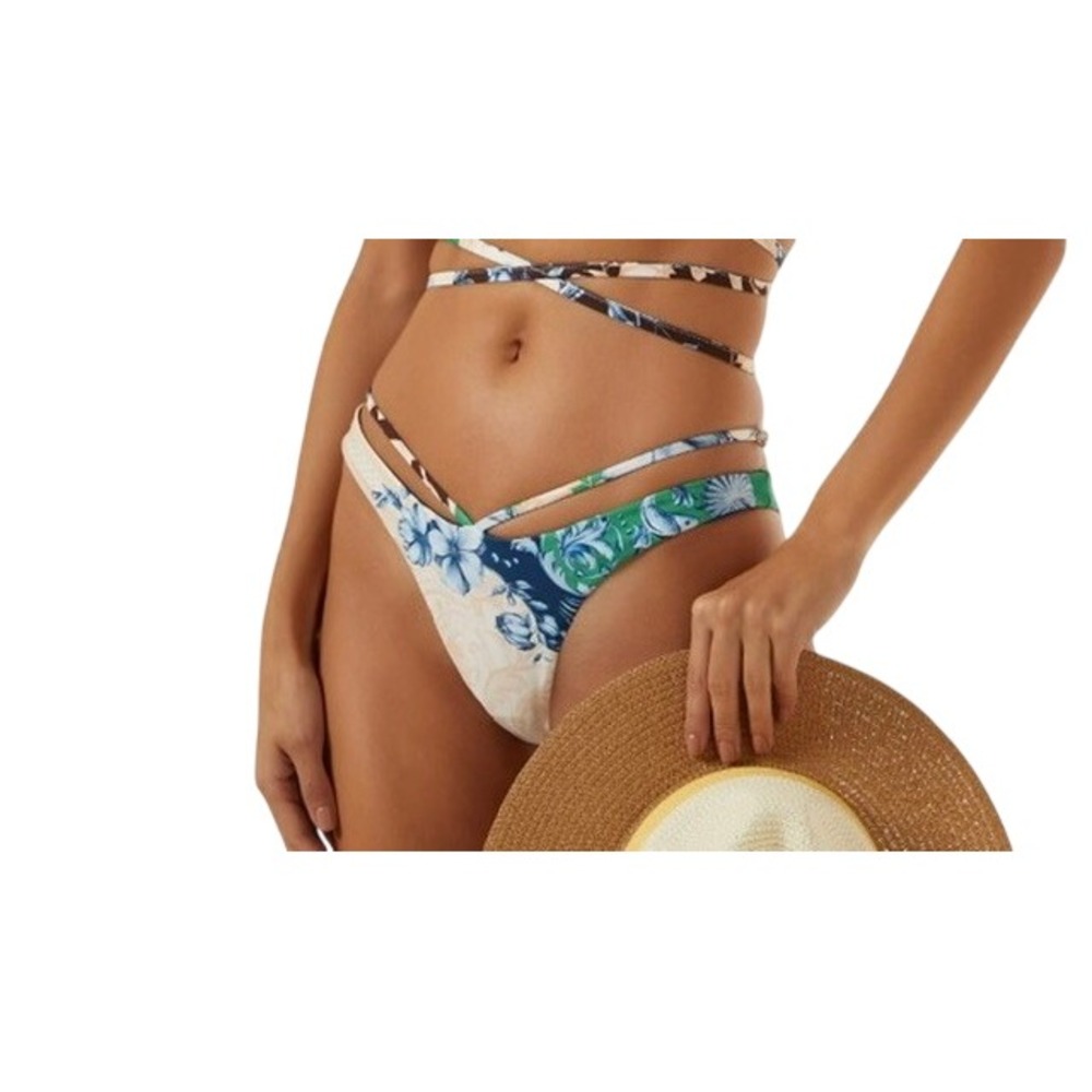 Agua Bendita Egle Cardumen Bikini Swim Bottom XL Beige Blue Floral Beach Cheeky
